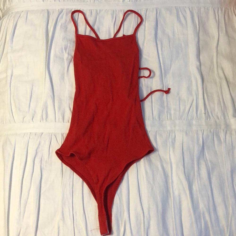 RED CRISSCROSSED BACK BODYSUIT